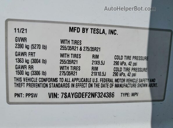 7SAYGDEF2NF324386 2022 TESLA MODEL White Vista de la etiqueta del VIN