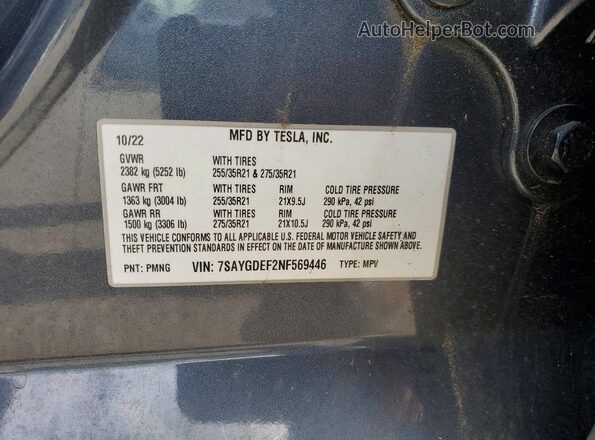 7SAYGDEF2NF569446 2022 TESLA MODEL Серый Вид подкапотного пространства