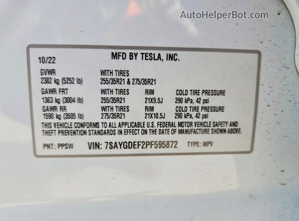 7SAYGDEF2PF595872 2023 TESLA MODEL White Вид наклейки з VIN-кодом