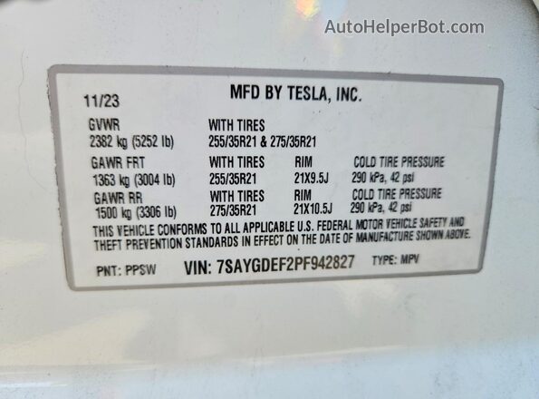 7SAYGDEF2PF942827 2023 TESLA MODEL Белый Вид подкапотного пространства