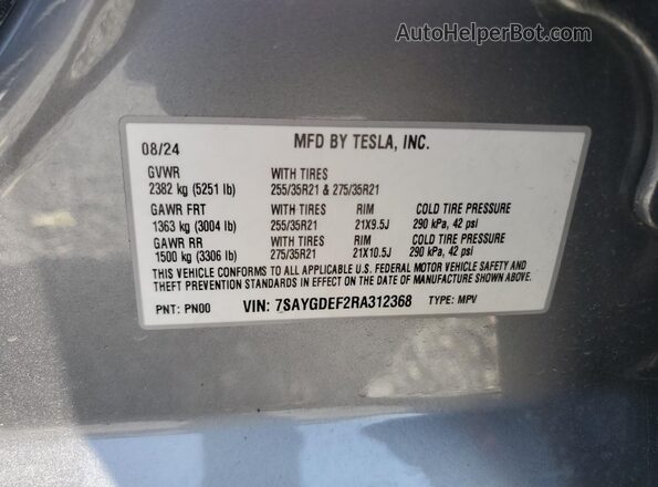7SAYGDEF2RA312368 2024 TESLA MODEL Серый Вид наклейки с VIN-кодом