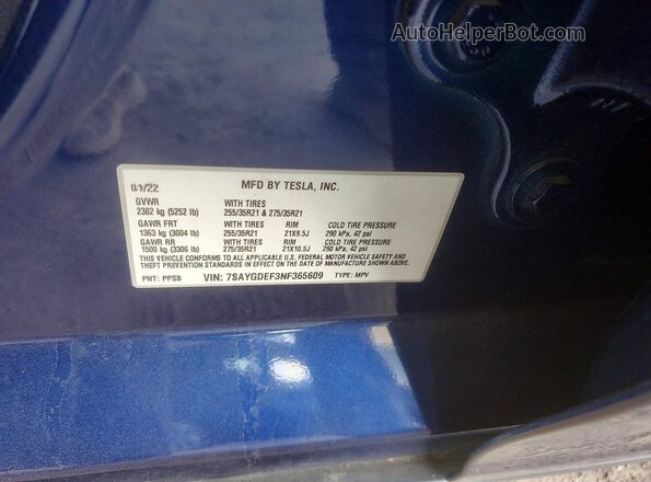 7SAYGDEF3NF365609 2022 TESLA MODEL Blue Շարժիչի բաժամունքի տեսք