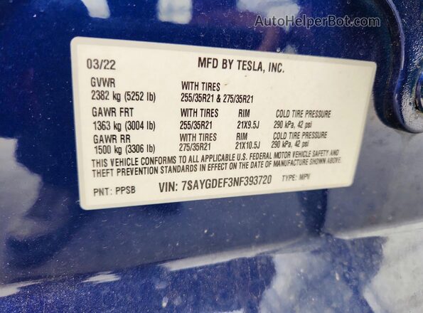 7SAYGDEF3NF393720 2022 TESLA MODEL Синий Вид наклейки с VIN-кодом