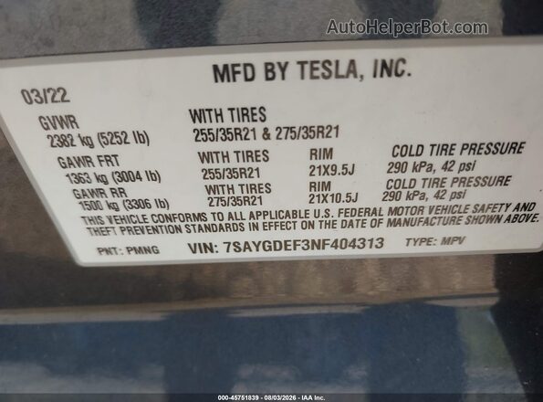 7SAYGDEF3NF404313 2022 TESLA MODEL Y Серый Вид подкапотного пространства