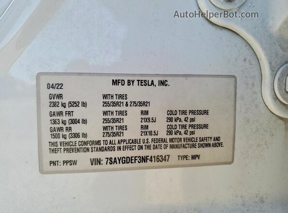 7SAYGDEF3NF416347 2022 TESLA MODEL White 360 interior view