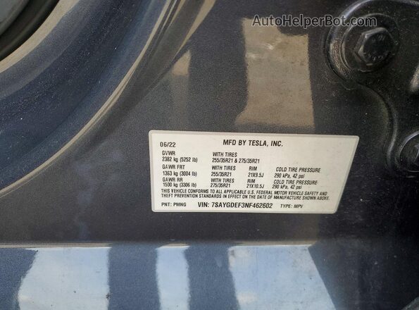 7SAYGDEF3NF462602 2022 TESLA MODEL Blue VIN კოდის სტიკერის ხედი
