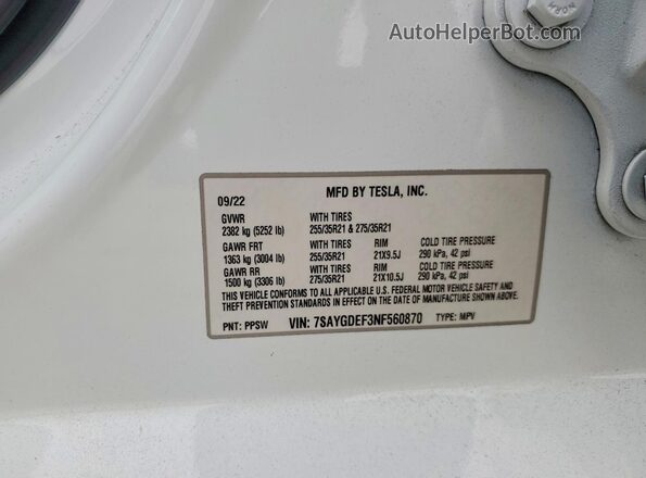 7SAYGDEF3NF560870 2022 TESLA MODEL White Vista del compartimento del motor