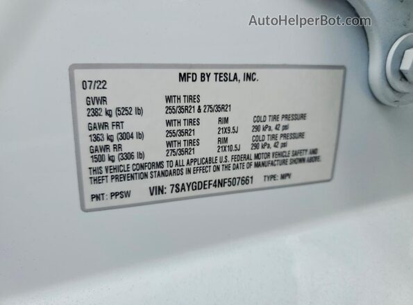 7SAYGDEF4NF507661 2022 TESLA MODEL White Вид підкапотного простору