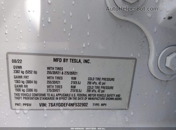 7SAYGDEF4NF532902 2022 TESLA MODEL Y White Շարժիչի բաժամունքի տեսք