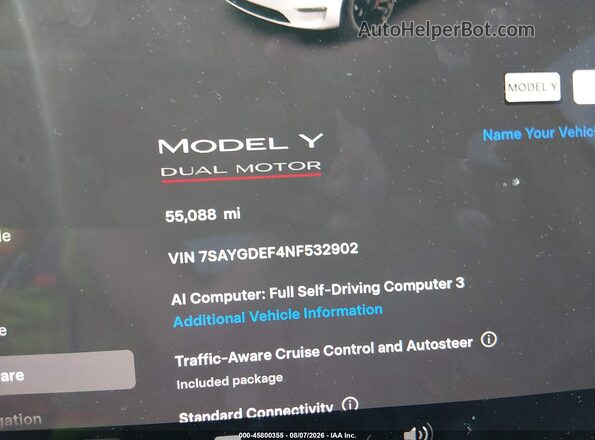 7SAYGDEF4NF532902 2022 TESLA MODEL Y White Հետևի նստատեղերի տեսք