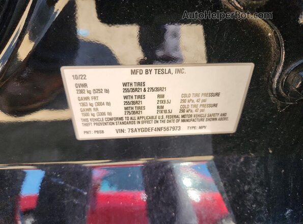 7SAYGDEF4NF567973 2022 TESLA MODEL Black ძრავის განყოფილების ხედი