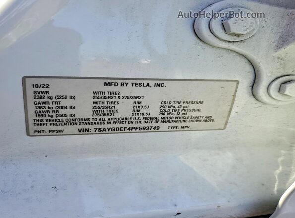 7SAYGDEF4PF593749 2023 TESLA MODEL White Vista de la etiqueta del VIN