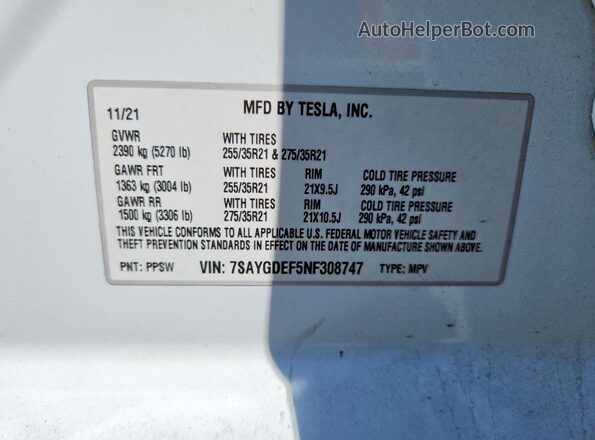 7SAYGDEF5NF308747 2022 TESLA MODEL Белый Вид наклейки с VIN-кодом