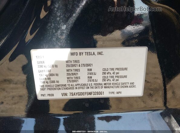 7SAYGDEF5NF328061 2022 TESLA MODEL Y Black Շարժիչի բաժամունքի տեսք