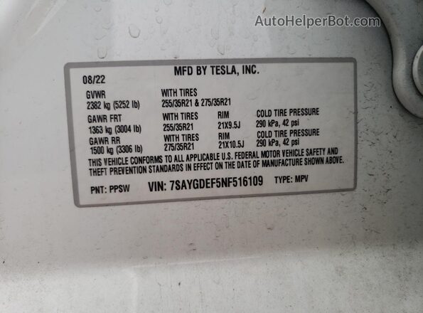 7SAYGDEF5NF516109 2022 TESLA MODEL Белый 