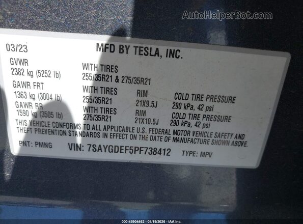 7SAYGDEF5PF738412 2023 TESLA MODEL Y Серый Вид подкапотного пространства