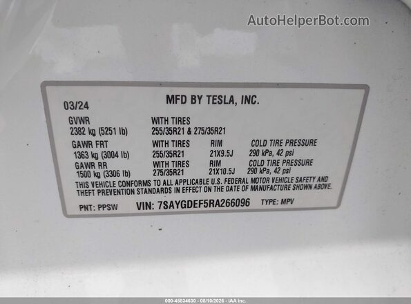 7SAYGDEF5RA266096 2024 TESLA MODEL Y Белый Вид подкапотного пространства