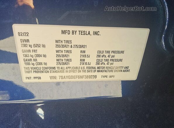 7SAYGDEF6NF389239 2022 TESLA MODEL Blue VIN კოდის სტიკერის ხედი