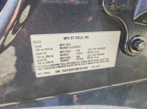 7SAYGDEF6NF451884 2022 TESLA MODEL Gray VIN sticker view