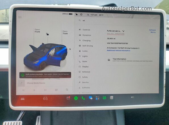 7SAYGDEF6NF539785 2022 TESLA MODEL Blue Vista del cuadro de instrumentos