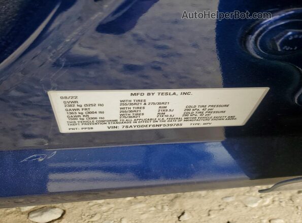 7SAYGDEF6NF539785 2022 TESLA MODEL Blue Vista interior de 360 grados
