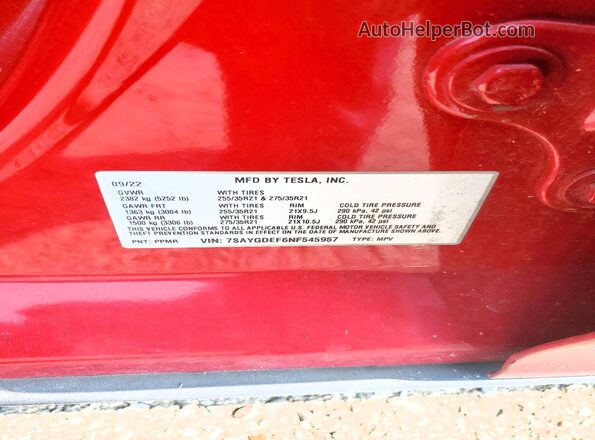 7SAYGDEF6NF545957 2022 TESLA MODEL Красный Вид подкапотного пространства
