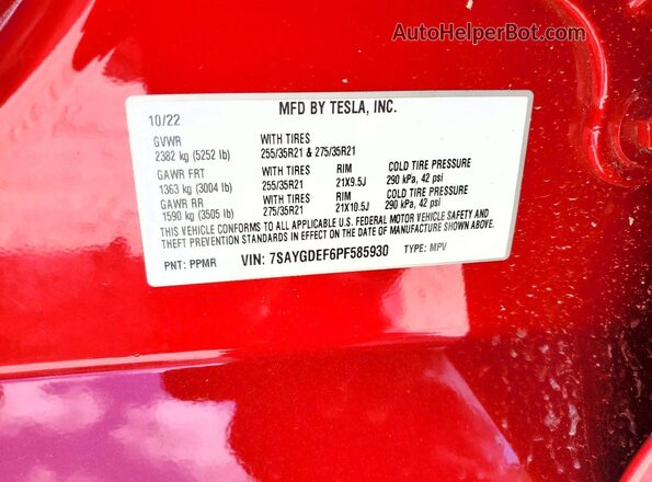 7SAYGDEF6PF585930 2023 TESLA MODEL Burgundy Вид підкапотного простору