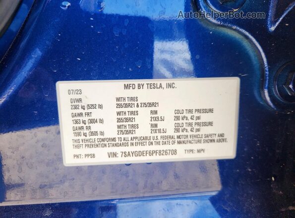 7SAYGDEF6PF826708 2023 TESLA MODEL Blue Vista de la etiqueta del VIN