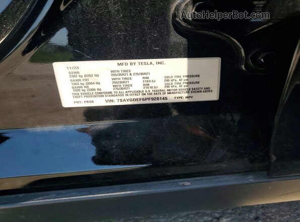 7SAYGDEF6PF926145 2023 TESLA MODEL Черный Вид наклейки с VIN-кодом
