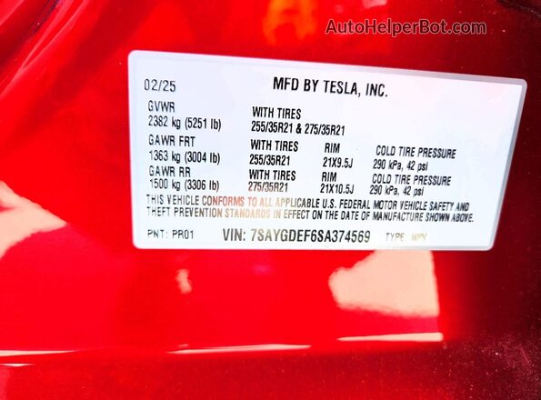 7SAYGDEF6SA374569 2025 TESLA MODEL Red Vista del compartimento del motor