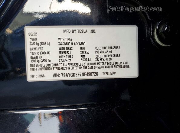 7SAYGDEF7NF490726 2022 TESLA MODEL Black Vista de la etiqueta del VIN