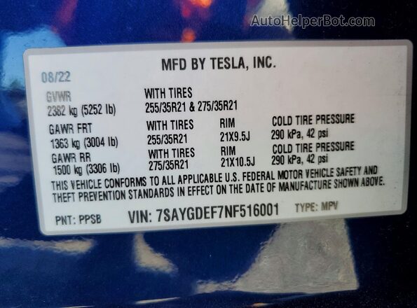 7SAYGDEF7NF516001 2022 TESLA MODEL Blue Շարժիչի բաժամունքի տեսք