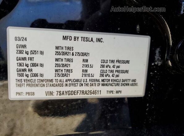 7SAYGDEF7RA264611 2024 TESLA MODEL Y Черный Вид наклейки с VIN-кодом