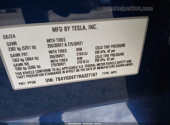 7SAYGDEF7RA327187 2024 TESLA MODEL Y Blue Widok komory silnika