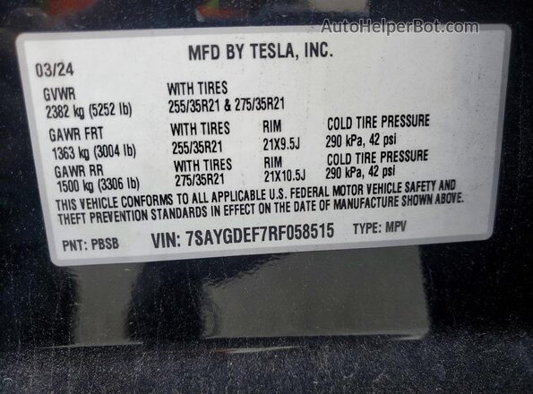 7SAYGDEF7RF058515 2024 TESLA MODEL Black Widok naklejki z numerem VIN