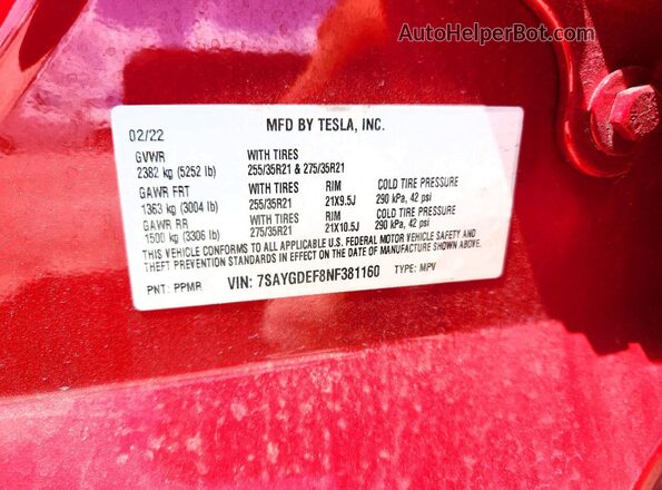 7SAYGDEF8NF381160 2022 TESLA MODEL Красный Вид подкапотного пространства
