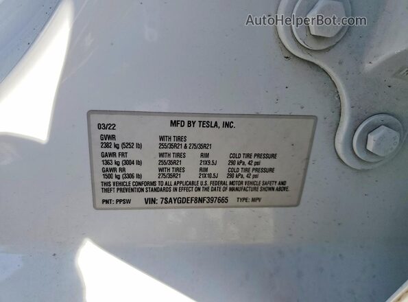 7SAYGDEF8NF397665 2022 TESLA MODEL White Engine compartment view
