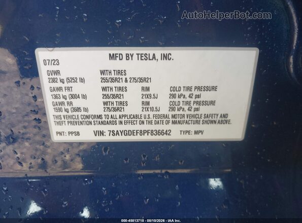 7SAYGDEF8PF836642 2023 TESLA MODEL Y Blue Вид підкапотного простору