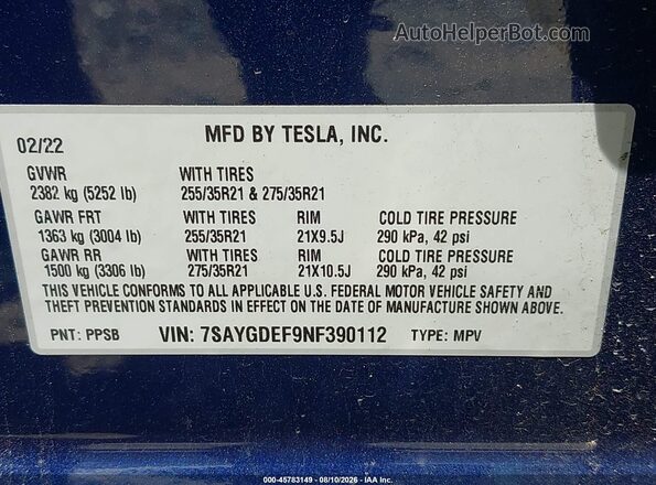 7SAYGDEF9NF390112 2022 TESLA MODEL Y Blue Вид підкапотного простору