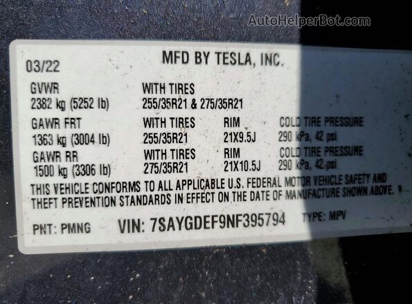 7SAYGDEF9NF395794 2022 TESLA MODEL Gray VIN sticker view