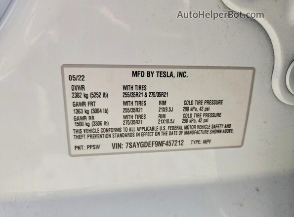 7SAYGDEF9NF457212 2022 TESLA MODEL Белый Панорамный вид салона 360°