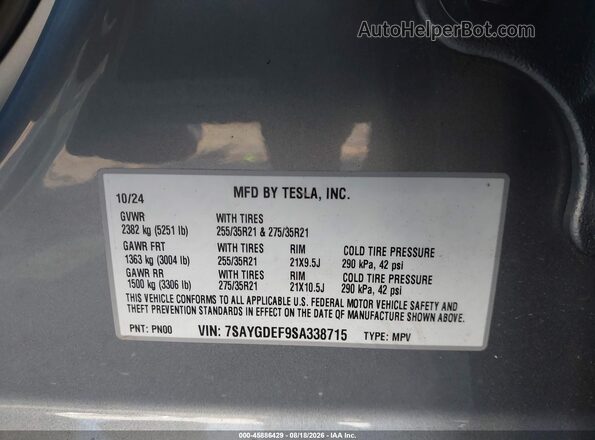 7SAYGDEF9SA338715 2025 TESLA MODEL Y Gray Vista del compartimento del motor