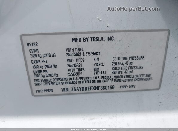 7SAYGDEFXNF380169 2022 TESLA MODEL Y White Engine compartment view