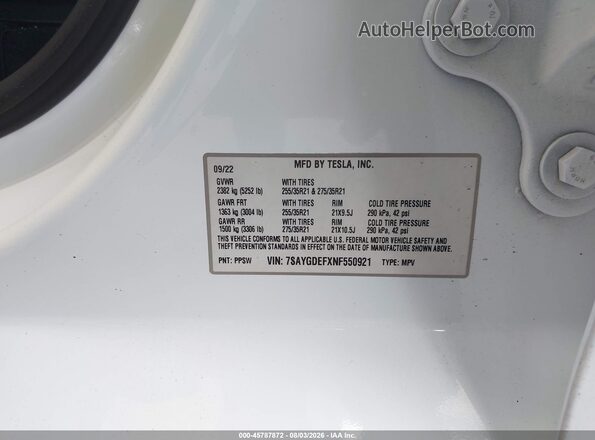 7SAYGDEFXNF550921 2022 TESLA MODEL Y White Vista del compartimento del motor