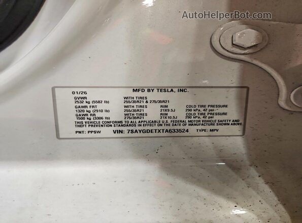 7SAYGDETXTA633524 2026 TESLA MODEL White Սալոնի 360 աստիճան տեսք