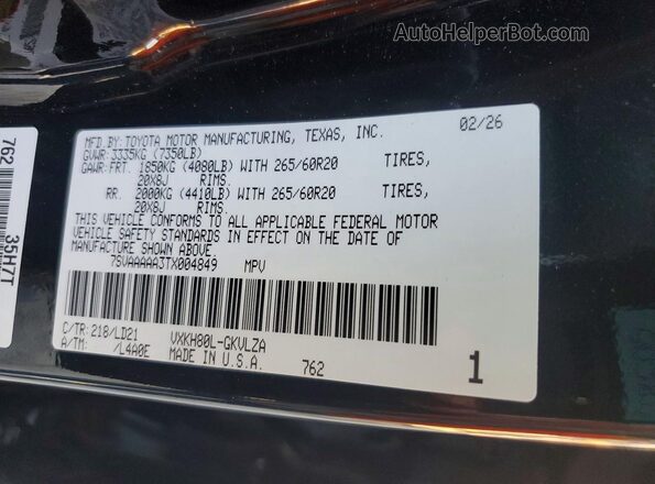 7SVAAAAA3TX004849 2026 TOYOTA SEQUOIA Black VIN կոդի պիտակի տեսք