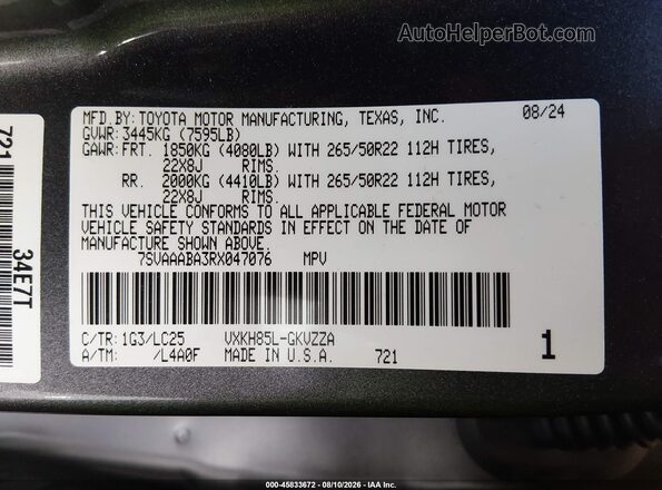7SVAAABA3RX047076 2024 TOYOTA SEQUOIA Серый Вид подкапотного пространства