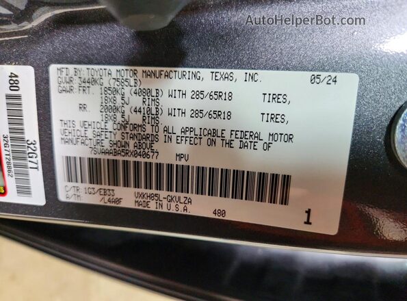 7SVAAABA5RX040677 2024 TOYOTA SEQUOIA Gray Widok naklejki z numerem VIN