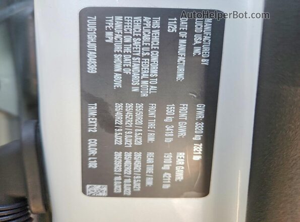 7UUG1GHJ0TA048369 2026 LUCID GRAVITY White VIN sticker view