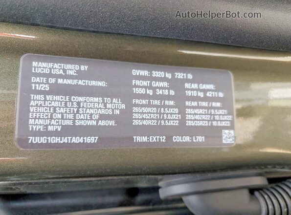 7UUG1GHJ4TA041697 2026 LUCID GRAVITY Green Widok naklejki z numerem VIN